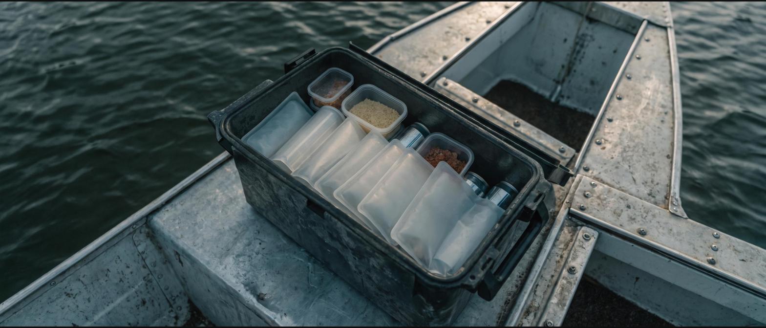 Flat reusable gel ice packs laid between dry containers and cans inside an open cooler on a boat deck